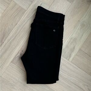 Rag and Bone black denim ankle jeans, asymmetric unfinished hem, size 28